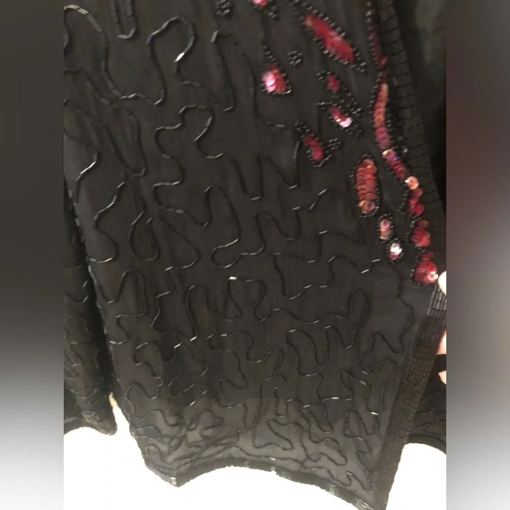 Vintage Black Beaded Open-Front Jacket with Pink Sequin Accents 80s retro glam L - Picture 4 of 16